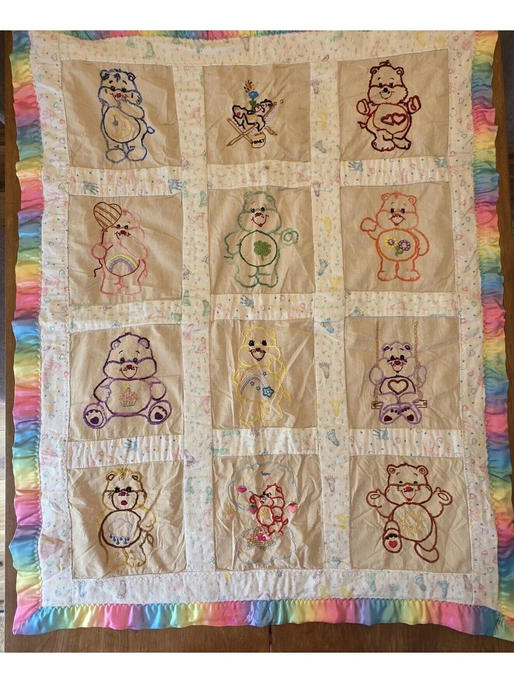 Vintage 1980s Handmade Care Bears Quilt – 12 Embroidered Bears